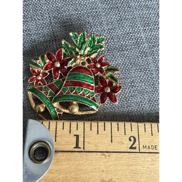 Vintage Enamel Double Christmas Bell Holly Brooch Red Green Statement Holiday - Picture 4 of 4